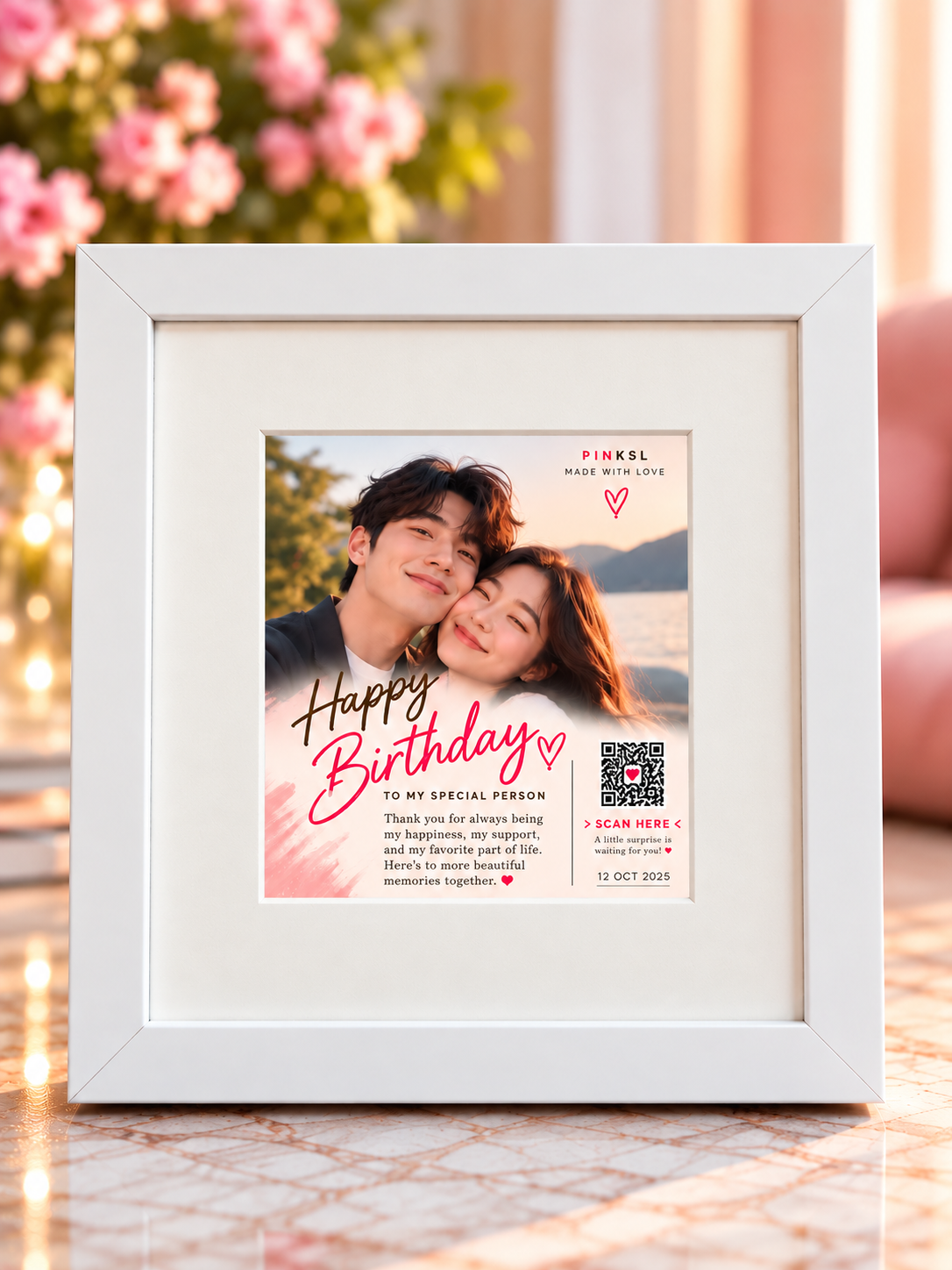 Personalized QR Photo Frame – Square White (With White Mat)