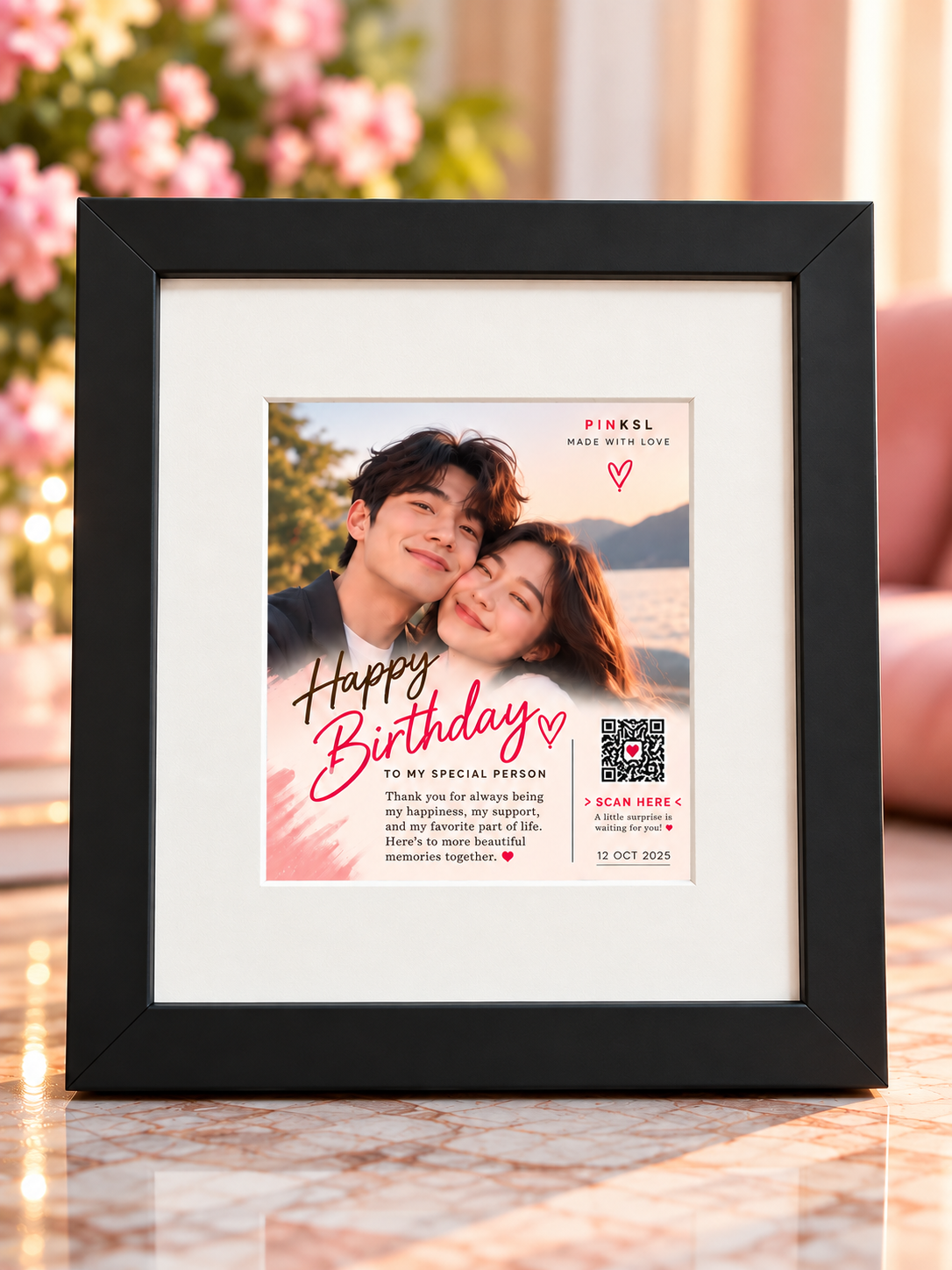 Personalized QR Photo Frame – Square Black (With White Mat)