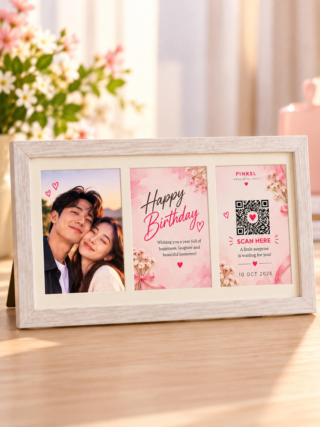 Personalized QR Photo Frame – Light Wood (Tabletop Triple Frame)